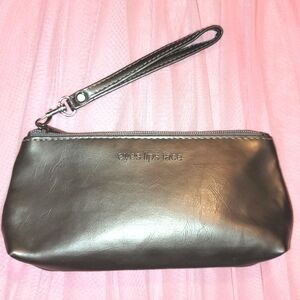NEW ELF wristlet makeup bag; butter soft pewter w/embossed logo; black lining